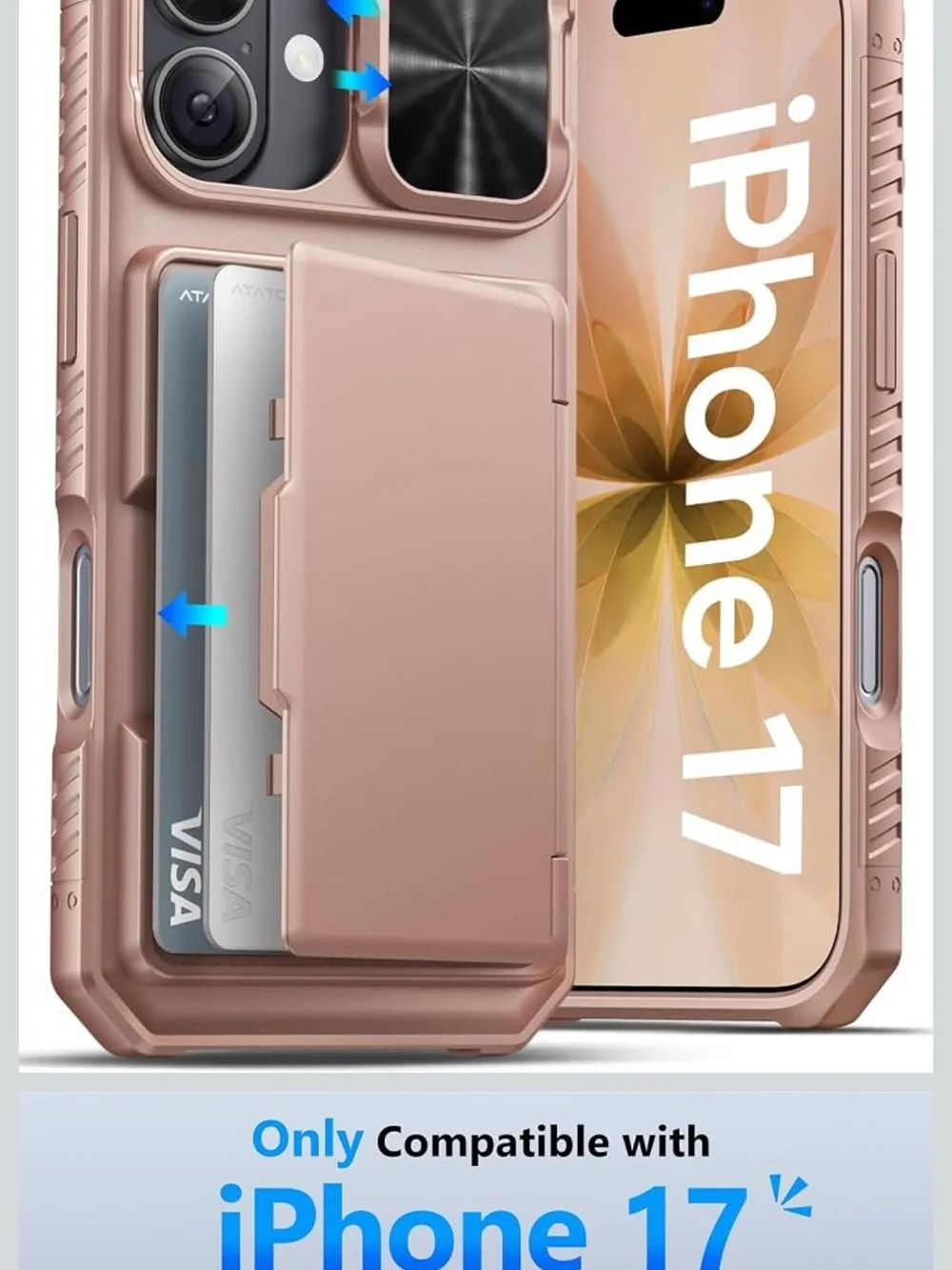 ATATOO for iPhone 17 Case Wallet with Card Holder (3-5 Cards), Rose Gold